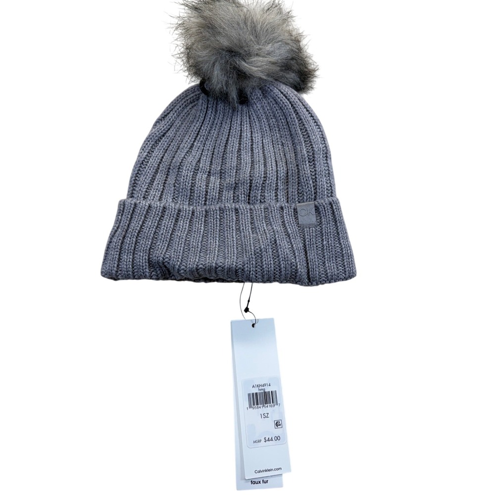 Calvin Klein Beanie Women 1SZ Grey A1KH4914 Faux Fur Pom Ribbed Knit Hat